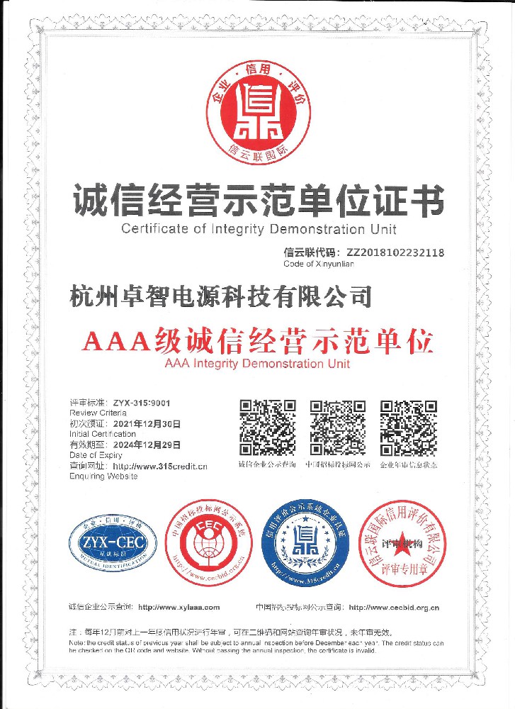 诚信经营示范单位证书